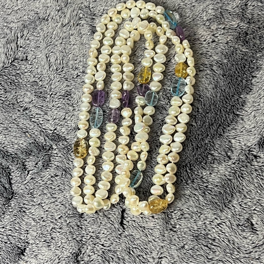 Double Strand Freshwater Pearl Gemstone Beads Necklace 22in - Picture 7 of 7